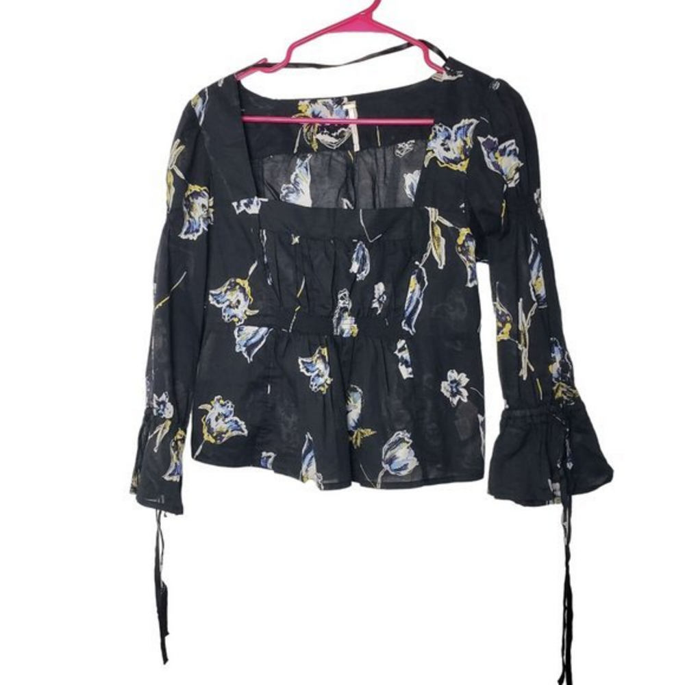 Free People Women's Size Small Black Cherish The Light Printed Blouse